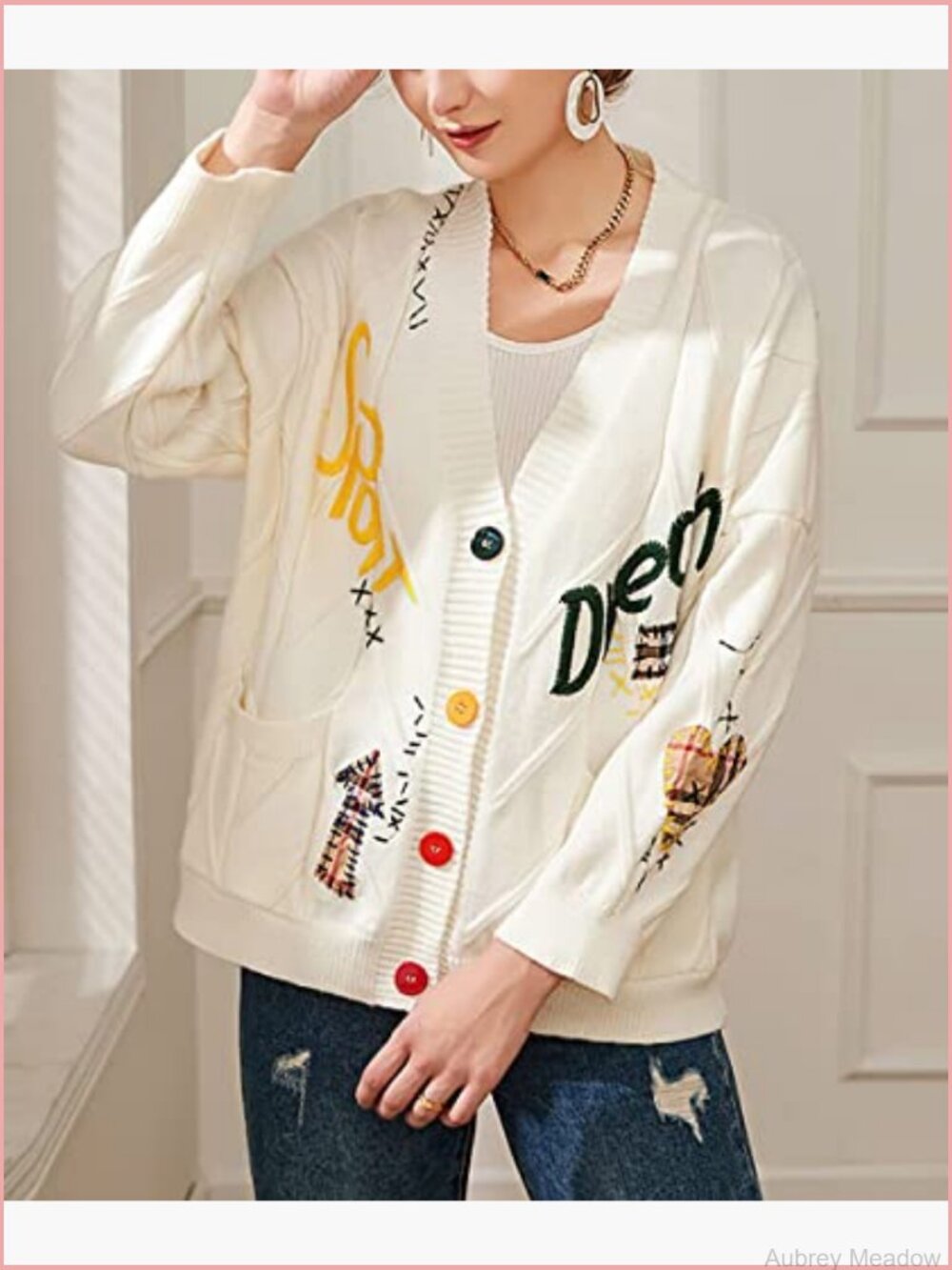 Womens Cable Knit Embroidery Patchwork Cardigan V Neck Long Sleeve Open Front - Picture 3 of 5